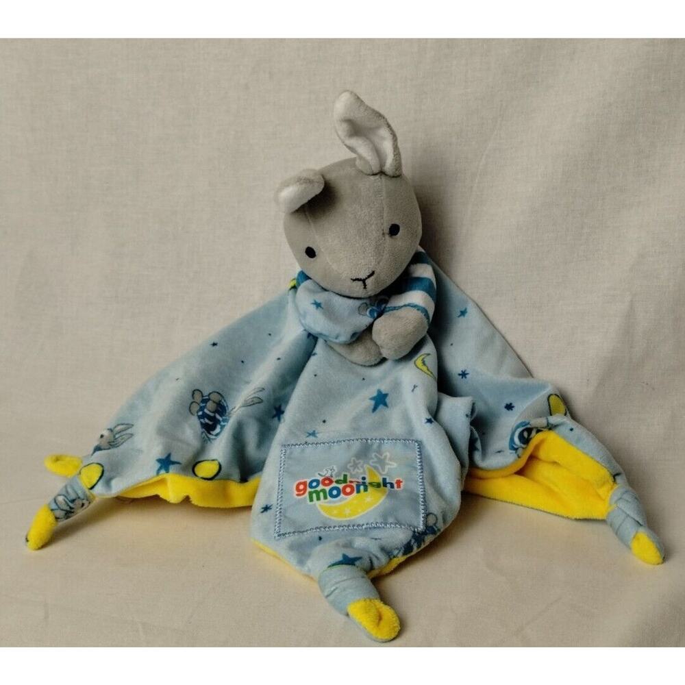 Goodnight Moon Bunny Rabbit Plush Lovey Security Blanket Blue Yellow - Knotted